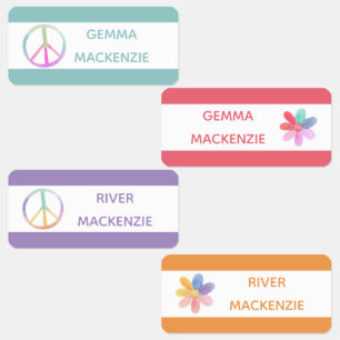 Friedens- und Blumen-Boho-Hippie-Kleidungsnamenset Etiketten