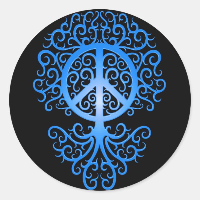 Friedensbaum, blau und schwarz runder aufkleber (Vorderseite)