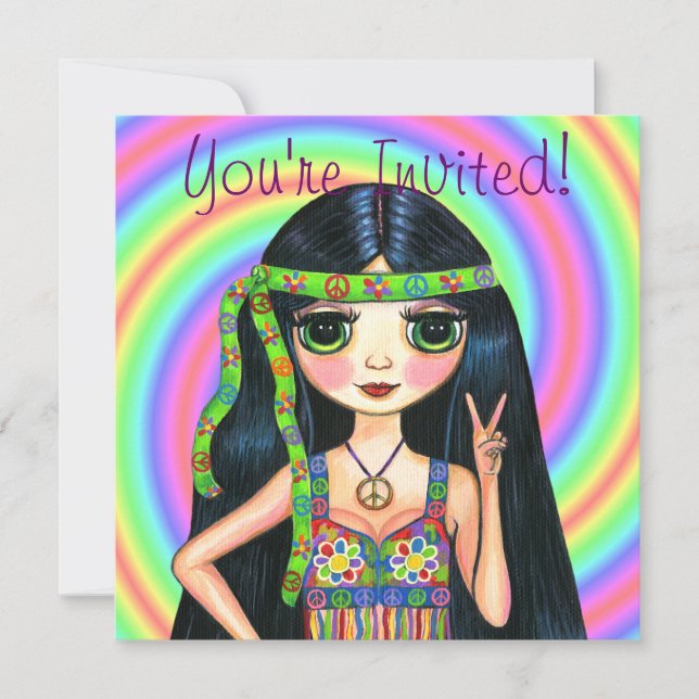 Friedensheraus Mädchenhippie-blinkendes Einladung (Vorderseite)