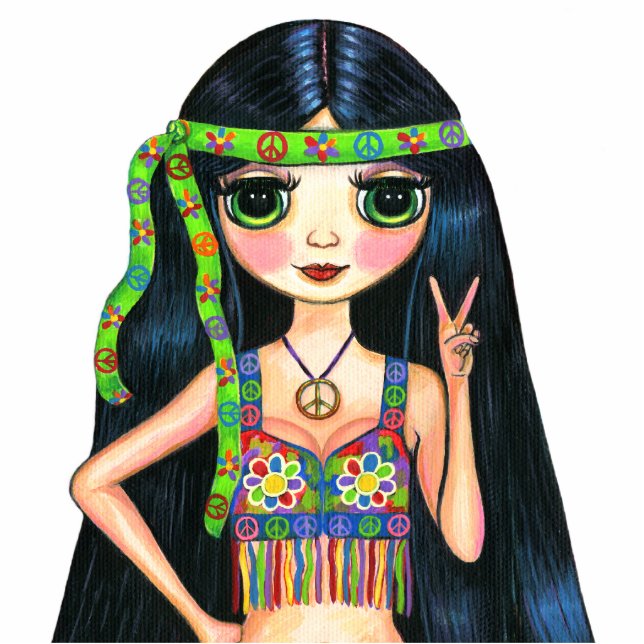 Friedensheraus Mädchenhippie-blinkendes Freistehende Fotoskulptur (Vorne)