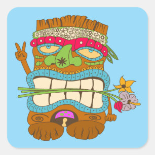 Friedensliebender Tiki, Blumiger Hippie, Lustiges Quadratischer Aufkleber