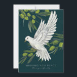 Friedenstauben und Olivenzweige Feiertagskarte<br><div class="desc">Die perfekte Urlaubskarte, um in dieser Weihnachtszeit Friedenswünsche zu versenden. Sie verfügt über eine illustrierte weiße Taube und Olivenzweige mit einem schlichten und eleganten Text, der leicht zu gestalten ist. Vergessen Sie nicht, sich die Rückseite durch die Personalisierung des Fotos und des Textes für eine wahrhaft einmalige, nicht-konfessionelle Urlaubskarte zu...</div>