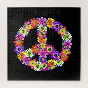 Friedenszeichen-Blumen auf Schwarz Puzzle