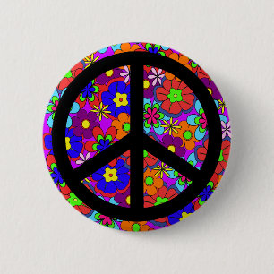 Friedenszeichen-Hippy Blumen Retro Button