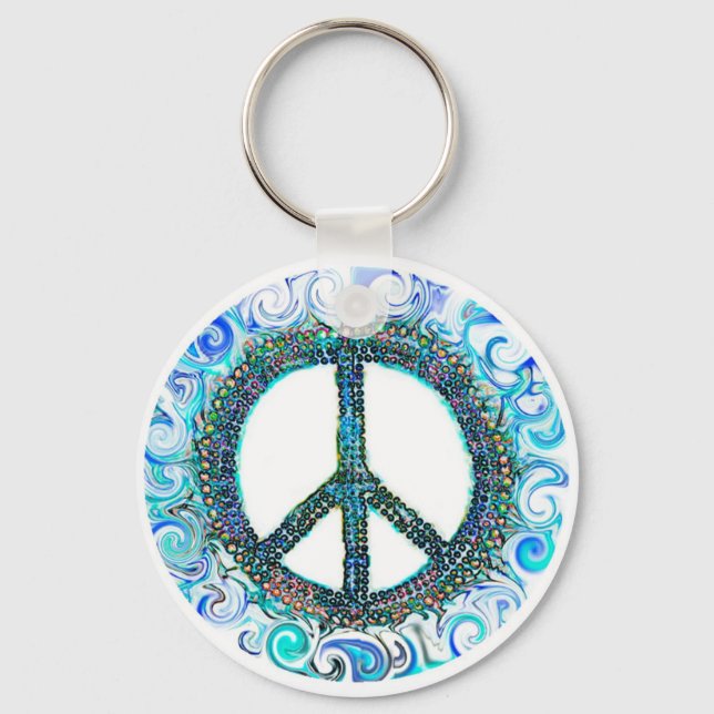 Friedenszeichen mit blauen Wellen Schlüsselanhänger (Vorderseite)