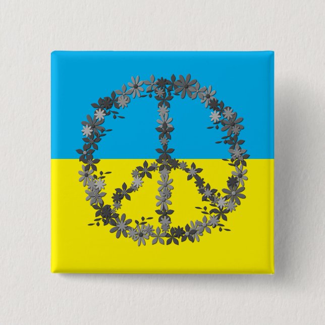 Friedenszeichen mit Blume, ukrainische Fahne Button (Vorderseite)