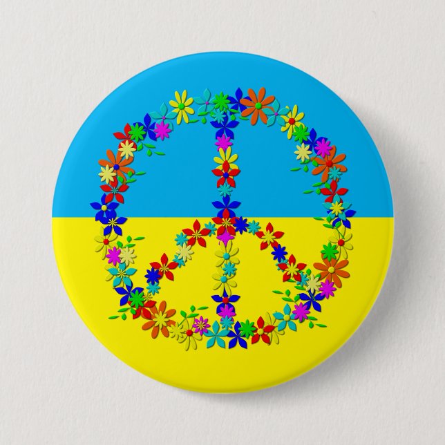 Friedenszeichen mit Blume, ukrainische Flagge Button (Vorderseite)