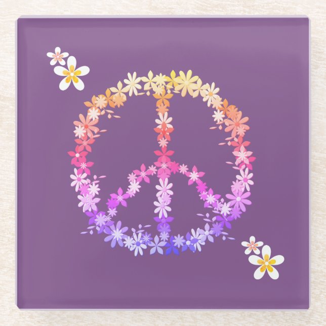 Friedenszeichen mit bunten Blume Glasuntersetzer (Vorderseite)