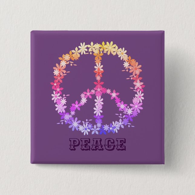 Friedenszeichen mit bunten Blume, Personalisierter Button (Vorderseite)