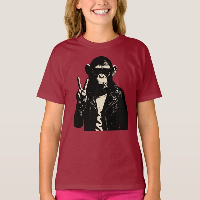 Friedenszeichen-Schimpanse aus Leder T-Shirt (Vorderseite)