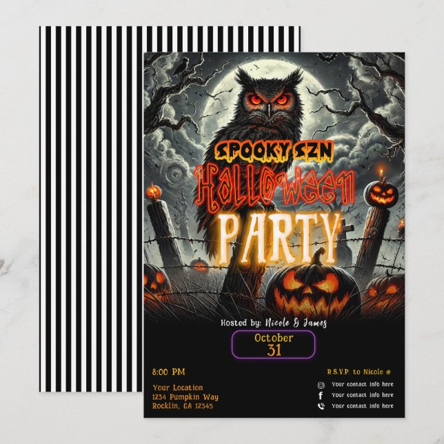 Friedhof Night Owl Spooky Szn Glow Halloween-Party Einladung (Vorne/Hinten)