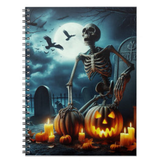 Friedhof, Skelett auf einem Grab. Notizblock