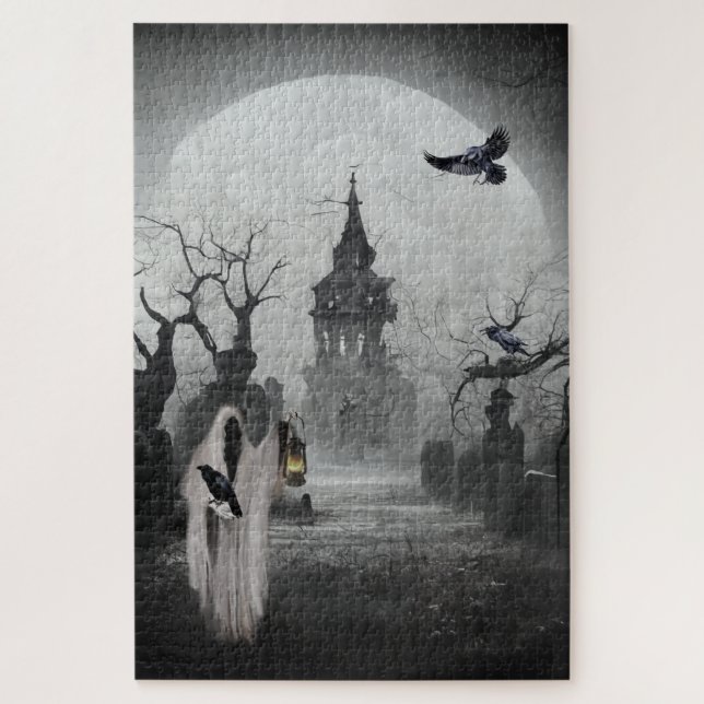 Friedhof, Torwart und Vollmond Halloween Puzzle (Vertikal)