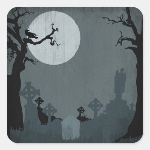 Friedhof und Vollmond zu Halloween Quadratischer Aufkleber