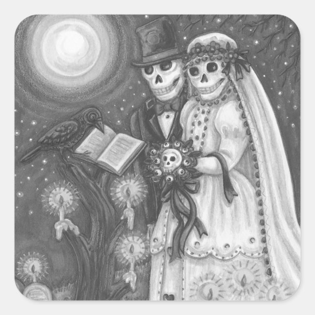 FRIEDHOF VOWS, SKELETON WEDD, BRIDE UND GROOM QUADRATISCHER AUFKLEBER (Vorderseite)