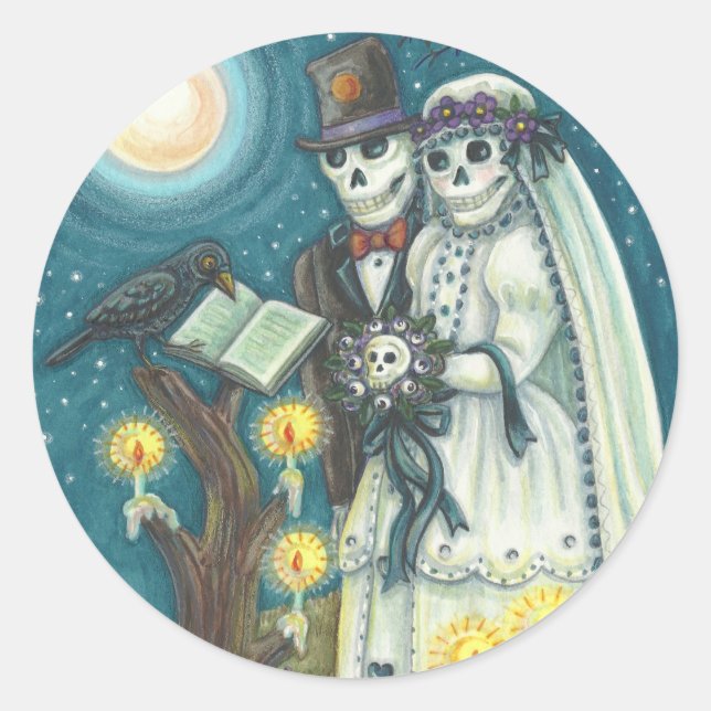 FRIEDHOF VOWS, SKELETON WEDD, BRIDE UND GROOM RUNDER AUFKLEBER (Vorderseite)