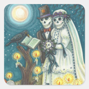 FRIEDHOFSGELÜBDE, SKELETT HOCHZEIT, BRAUT UND BRÄU QUADRATISCHER AUFKLEBER