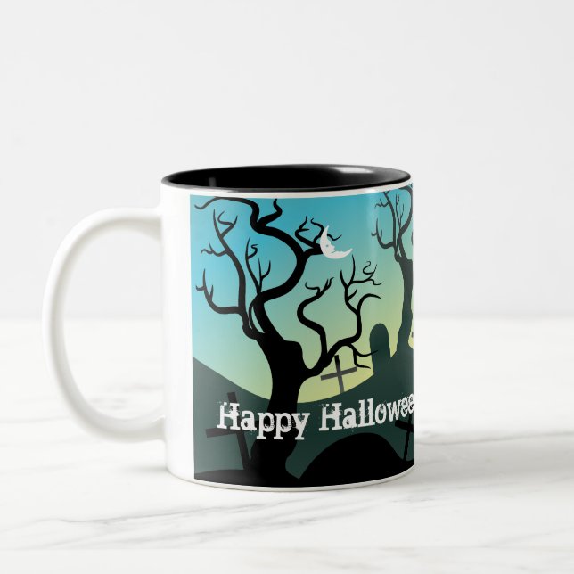 Friedhofstern, schwarz, aqua, gelb, Halloween-Brau Zweifarbige Tasse (Links)