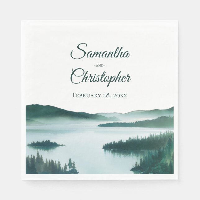 Friedliche Aquarell-Bergsee-Rustikale Hochzeit Serviette (Vorderseite)