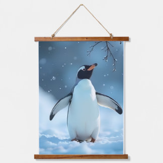 Friedliche arktische Pinguin-Schneeszene Wandteppich Mit Holzrahmen