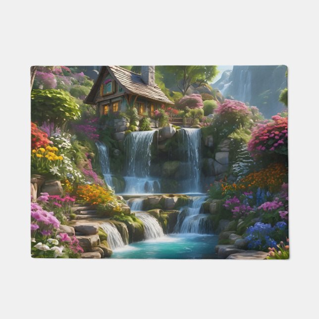 Friedliche Bergkabinen Wasserfälle Blume Fußmatte (Vorderseite)