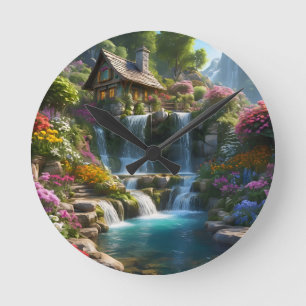 Friedliche Bergkabinen Wasserfälle Blume Runde Wanduhr