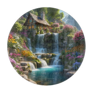 Friedliche Bergkabinen Wasserfälle Blume Schneidebrett