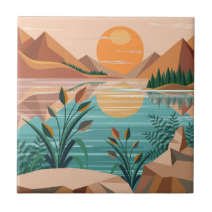 Friedliche Bergsee-Sonnenuntergangslandschaft Fliese