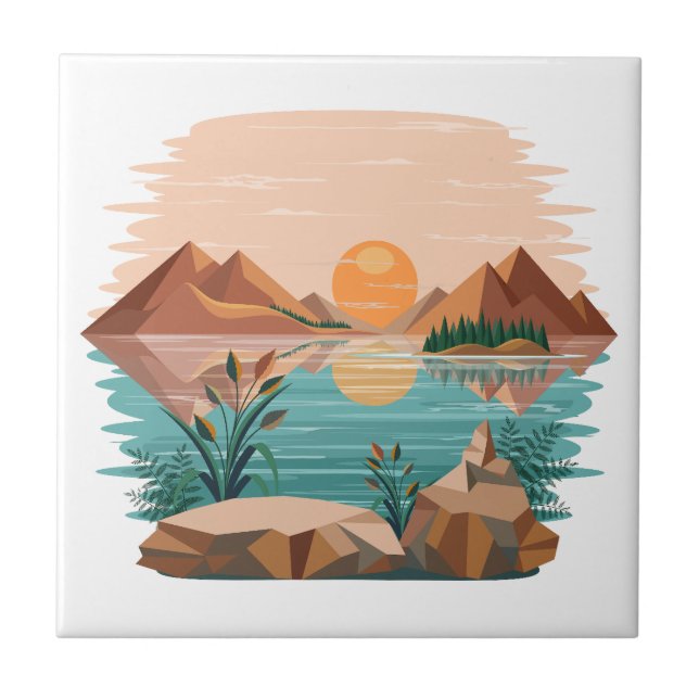 Friedliche Bergsee-Sonnenuntergangslandschaft Fliese (Vorderseite)