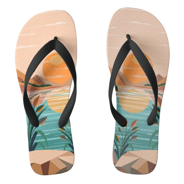 Friedliche Bergsee-Sonnenuntergangslandschaft Flip Flops (Fußbett)