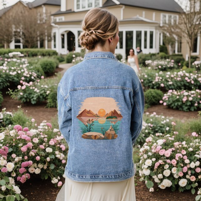Friedliche Bergsee-Sonnenuntergangslandschaft Jeansjacke (Hochzeit Rückseite)
