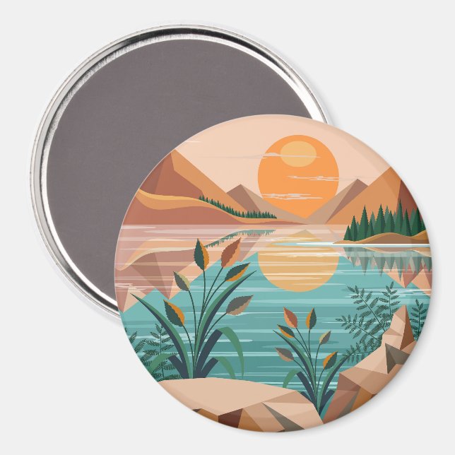 Friedliche Bergsee-Sonnenuntergangslandschaft Magnet (Vorderseite/Rückseite)