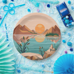Friedliche Bergsee-Sonnenuntergangslandschaft Pappteller