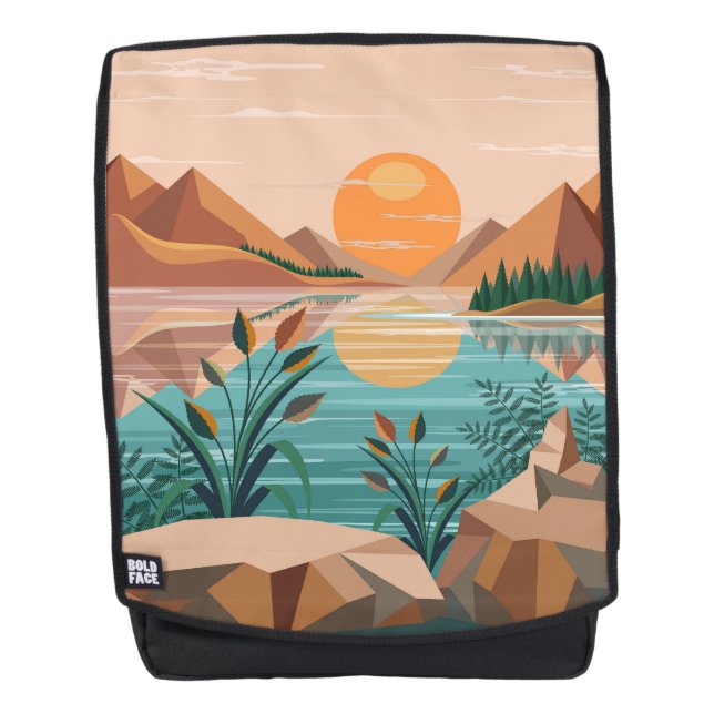 Friedliche Bergsee-Sonnenuntergangslandschaft Rucksack (Vorderseite)
