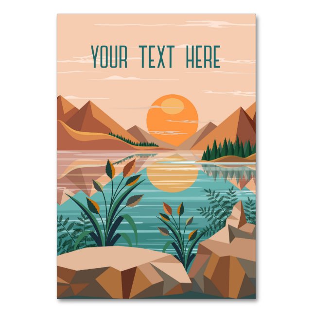 Friedliche Bergsee-Sonnenuntergangslandschaft Tischnummer (Vorderseite)