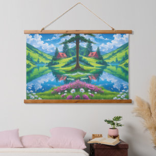 Friedliche Bergsee Spiegelung Wandteppich Mit Holzrahmen