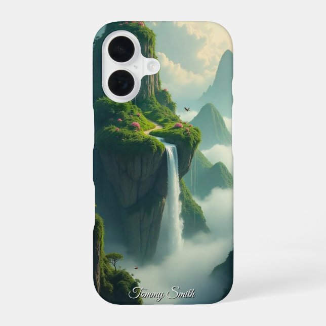 Friedliche Bergwasserfall-Landschaft iPhone 16 Hülle (Rückseite)
