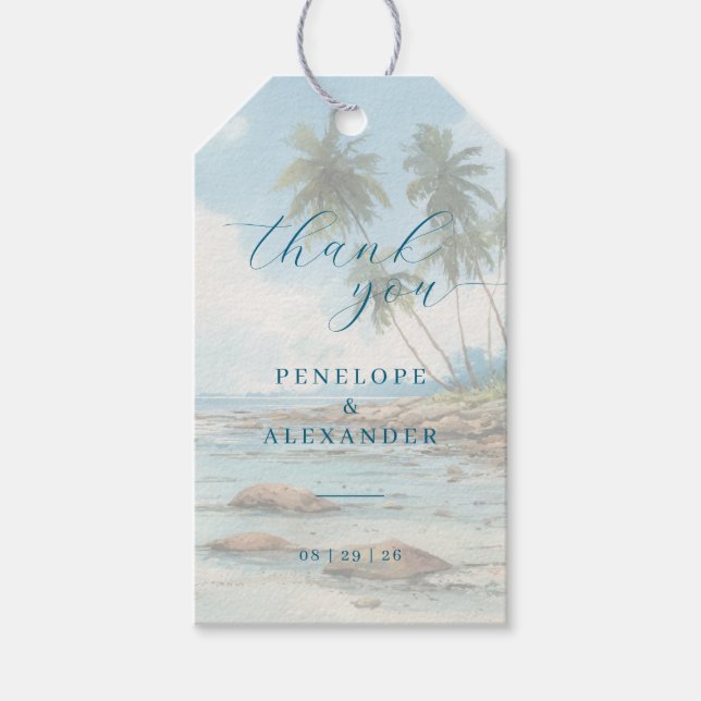 Friedliche blaue Aquarell-Strandszene Geschenkanhänger (Vorderseite)