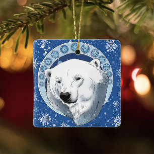 Friedliche blaue Art Nouveau Eisbär-Schneeflocken Keramikornament