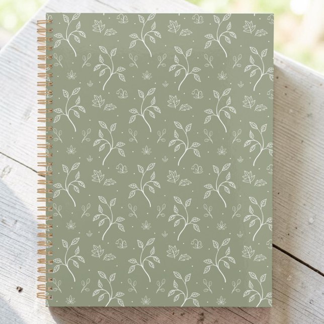 Friedliche Einfache Blätter in Olive Green Planer (A sage green planner notebook, decorated with white leaves and plants in a dainty feminine pattern.)