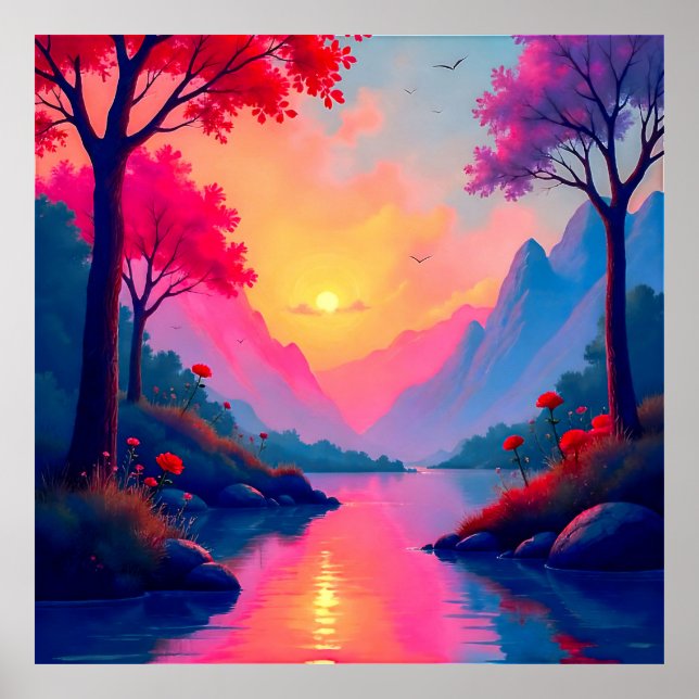Friedliche Fantasy-Sonnenuntergangs-Fluss-Berg-Lan Poster (Vorne)