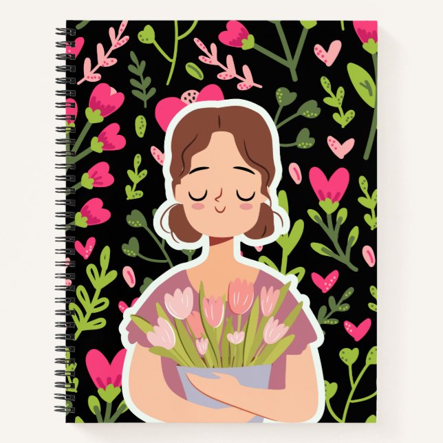 Friedliche Girl mit Blume - Niedliches BlumenNoteb Notizbuch (Vorderseite)