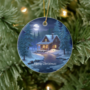 Friedliche Hütte im Winterwald Keramik Ornament