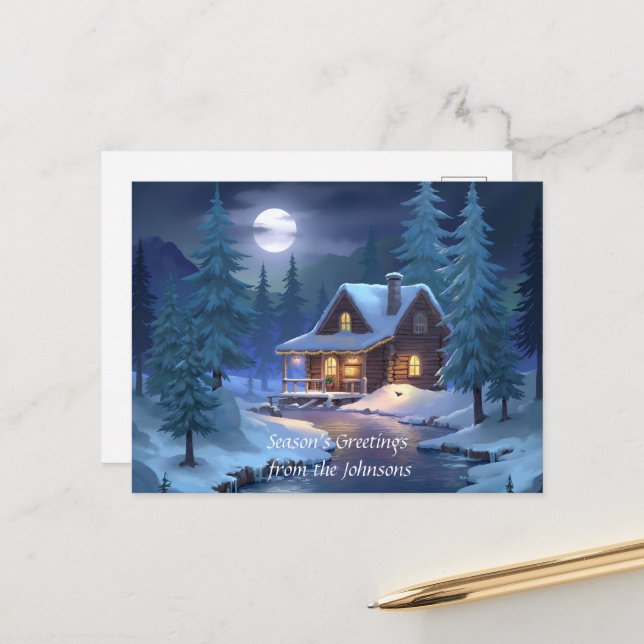 Friedliche Hütte im Winterwald Postkarte (Vorderseite/Rückseite Beispiel)