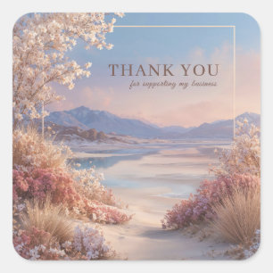Friedliche Küstenblüte Rosa Goldrahmen Landschaft Quadratischer Aufkleber
