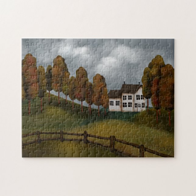 Friedliche Landschaft Saltbox House Hügel Bäume Puzzle (Horizontal)