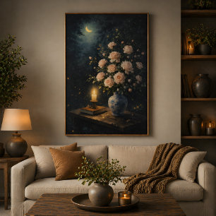 Friedliche Nacht Blumenölmalerei, Romantische Rose Leinwanddruck