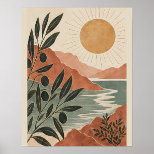 Friedliche Naturlandschaft mit warmer goldener Son Poster