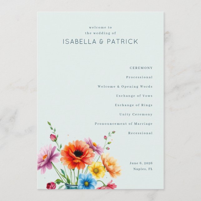Friedliche Pastell-Blumenhochzeitszeremonie Programm (Vorderseite)