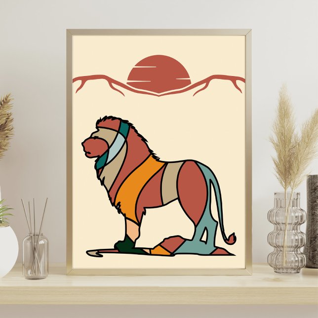 Friedliche Savanne Freundlicher Löwe Abstrakte Mod Poster (Serene Savanna Kind Lion Abstract Modern Art Poster)